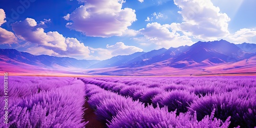 Vibrant Purple Lavender Field with Mountain Range