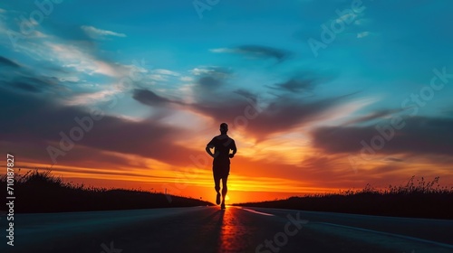 Silhouette view of a man jogging on road with dawn sky background. © buraratn