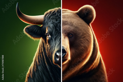 Stock market rivals the bull and the bear. A side by side split image of bull and bear portrait. Green and red backgrounds symbolise the different sentiments photo