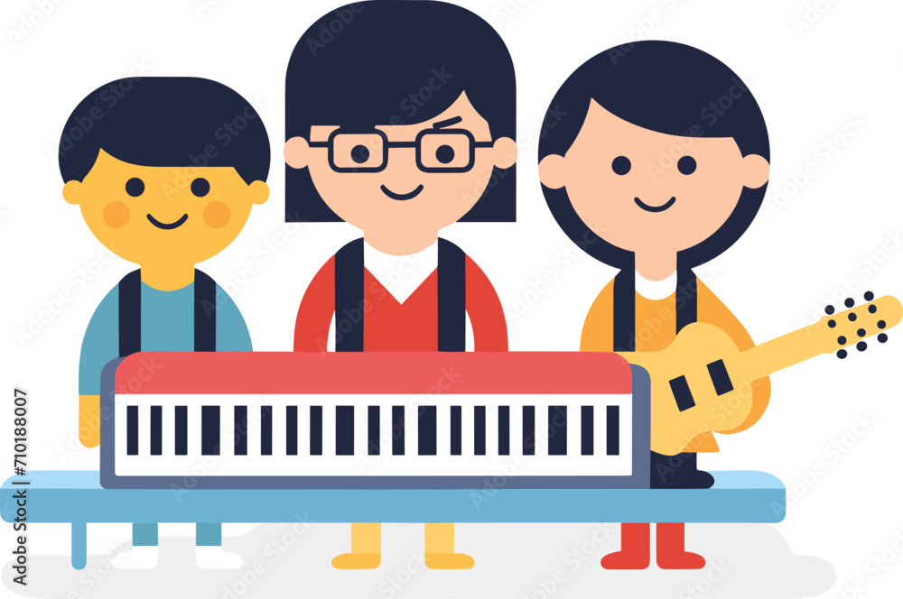 Three cartoon kids are playing music with a keyboard and a guitar in a vector illustration. Three cartoon kids are playing music with a keyboard and a guitar in a vector illustration.