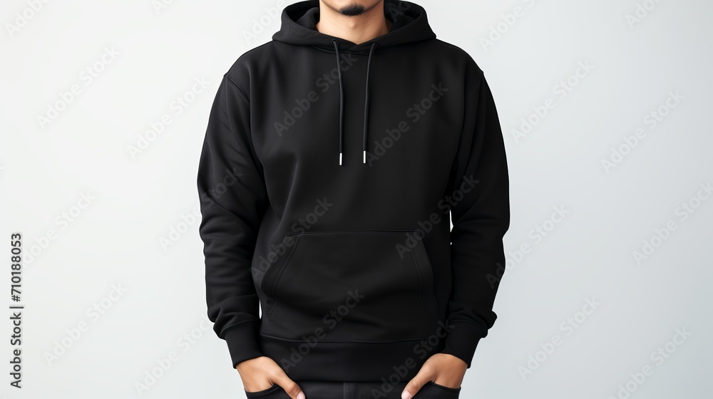 Black hoodie mockup template for sweatshirt design, front view, isolated on white wall Black hoodie mockup template for sweatshirt design, front view, isolated on white wall