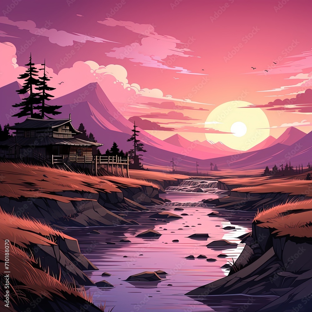 Traditional Japanese House at Sunset with Mountains