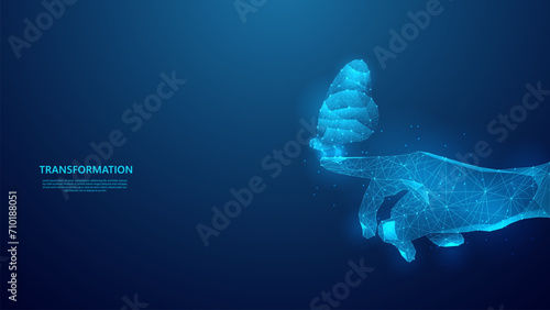 Digital transformation concept, hand touching butterfly illustration. Technology evolution for the next generation. blue low poly style vector background design.