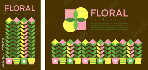 Geometric patterns of plants with green leaves and flowers for gardening shop posters. Abstract modern banners with floral ornament with houseplants in pots in minimal style, vector illustration