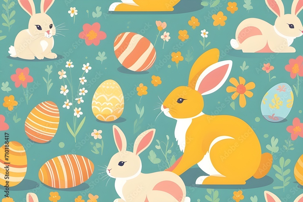Obraz premium Flat Vector Design of a easter rabbit in cartoon style, background image, generative AI