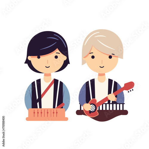 A girl with a cake and a boy playing a ukulele in a vector illustration.