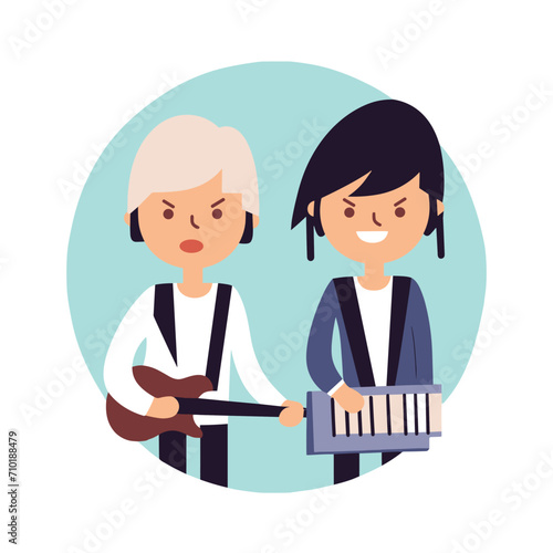 Two cartoon characters are playing musical instruments in this vector illustration.