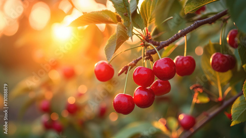 Branch of Maturing red cherries during sunset.