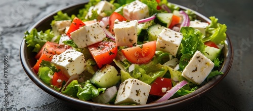 Greek lettuce salad with feta cheese served in a bowl.