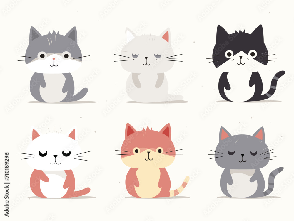 Fototapeta premium The image shows six cute cartoon cats in various poses and colors as a vector illustration.