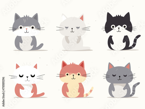 Fototapeta Naklejka Na Ścianę i Meble -  The image shows six cute cartoon cats in various poses and colors as a vector illustration.