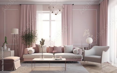 stylish living room with pink decor and modern furniture