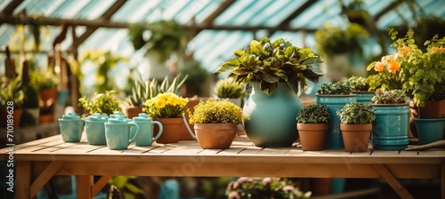 Complete set of gardening tools and assorted flowerpots in a vibrant and sun kissed garden scene