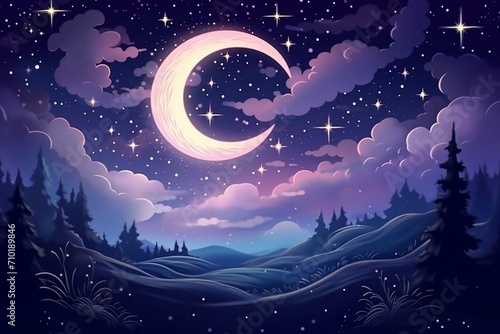 Background with magical hour starry sky and crescent moon wallpaper. Generative AI photo