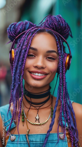 Stylish woman with purple braids and orange headphones enjoys the rhythm of the city, her joyful expression speaking volumes.