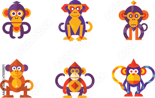 A collection of six colorful geometric monkeys in different poses is a vector illustration.