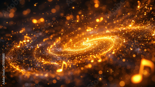 A cosmic swirl of golden musical notes, portraying the universal language of music spanning across galaxies.