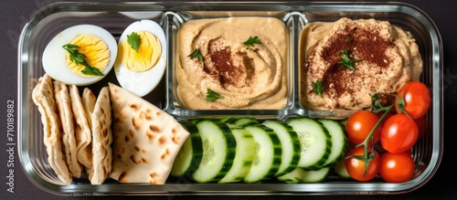 Healthy lunch or snack boxes with hummus, pita, eggs, and vegetables.