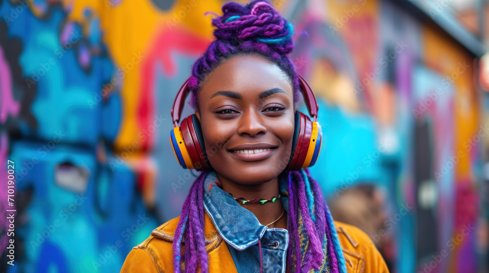Joyful woman with colorful headphones against a graffiti backdrop, enjoying the urban beat of the streets.