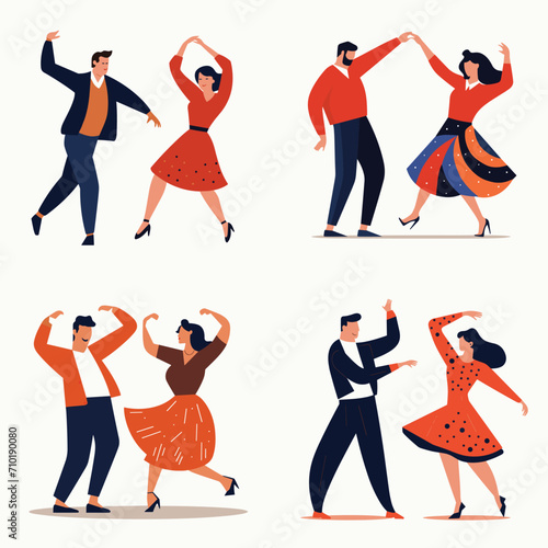 Couples dancing in retro style clothes. Men and women perform swing or rock and roll moves. 1950s dance party vector illustration.