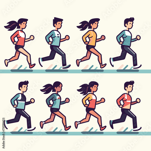 Men and women cartoon characters running, fitness exercise. Jogging people in casual sportswear. Outdoor workout, active lifestyle concept vector illustration.