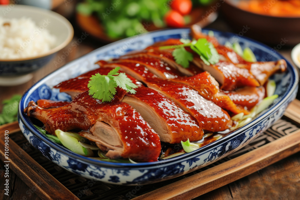 baked duck with salad on a dish on a table for dinner baked duck with salad on a dish on a table for dinner