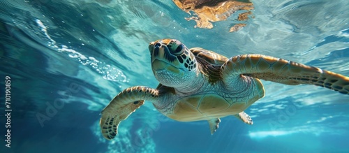 Clear sea turtle captured underwater.
