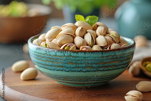 A rustic bowl of mixed nuts sits on a wooden table surrounded by vibrant plants, inviting you to indulge in a wholesome and nourishing snack in the comfort of an indoor oasis