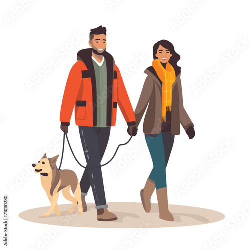 Multiracial couple walking dog, happy man in orange jacket, woman in scarf. Casual autumn leisure with pet vector illustration.