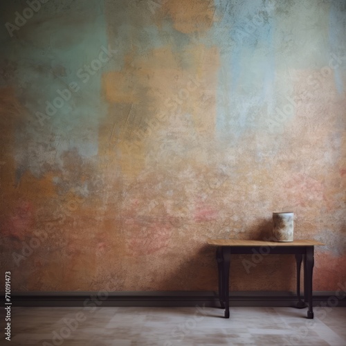 room with grunge wall and wooden table © Natalia