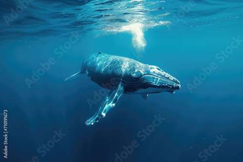 A majestic whale gracefully glides through the crystal clear waters, its powerful fin propelling it forward as it navigates its underwater world alongside other marine mammals