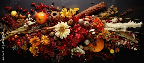 Autumn-themed arrangement includes gifts  leaves  spices  and cranberries  seen from above.