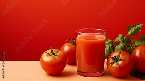 Luscious tomato juice in glass on wooden table with red background, ideal for text placement © Ilja