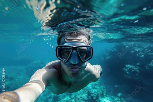 Submerged in the serene aqua depths, a swimmer dons his goggles as he dives into the unknown world of underwater exploration