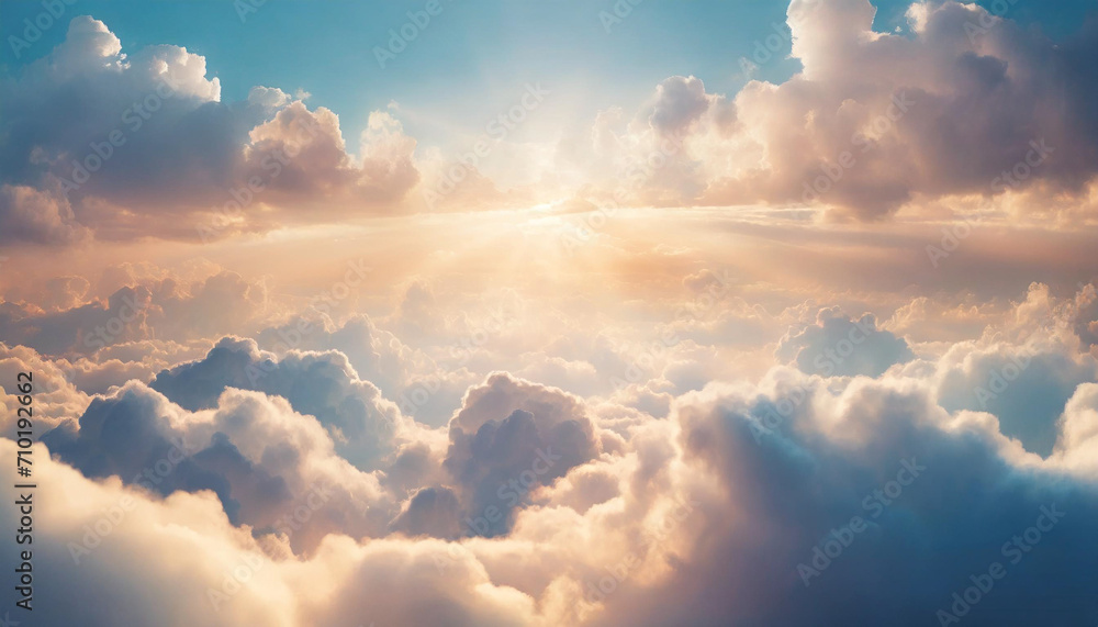 Radiant sunset above billowing clouds, a heavenly abstract illustration in extra-wide format exuding hope and divine beauty - obrazy, fototapety, plakaty 