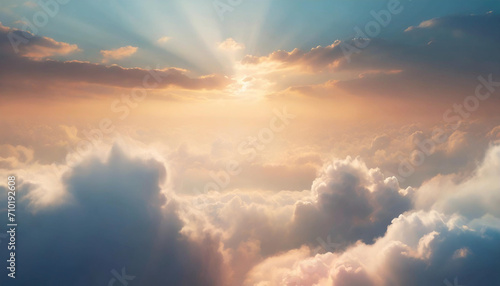 Radiant sunset above billowing clouds, a heavenly abstract illustration in extra-wide format exuding hope and divine beauty