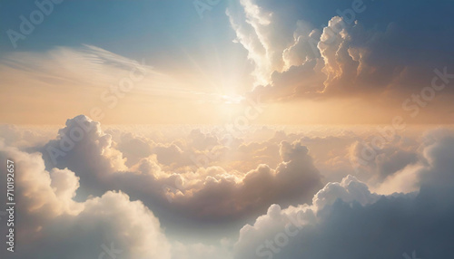 Radiant sunset above billowing clouds, a heavenly abstract illustration in extra-wide format exuding hope and divine beauty