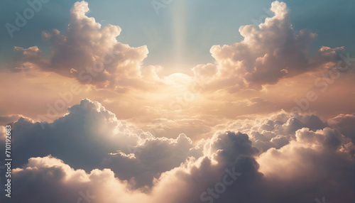 Radiant sunset above billowing clouds, a heavenly abstract illustration in extra-wide format exuding hope and divine beauty photo