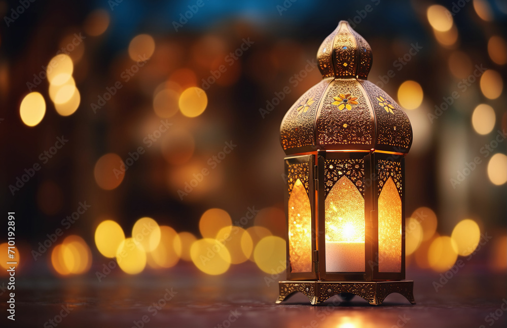 Beautiful metal ornamental Moroccan lantern decorated by mosaik glowing at night. Festive glittering golden bokeh lights, blurred background. Ramadan Kareem, Eid ul Fitr muslim holiday. Beautiful metal ornamental Moroccan lantern decorated by mosaik glowing at night. Festive glittering golden bokeh lights, blurred background. Ramadan Kareem, Eid ul Fitr muslim holiday.