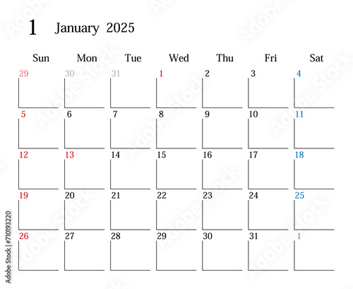 2025年1月、日本のカレンダー