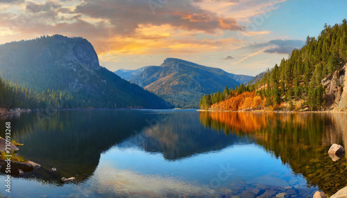 autumn sunset over Donner Lake  reflecting the stunning mountain panorama     a captivating blend of nature s beauty and seasonal transitions