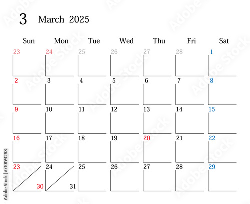 2025年3月、日本のカレンダー