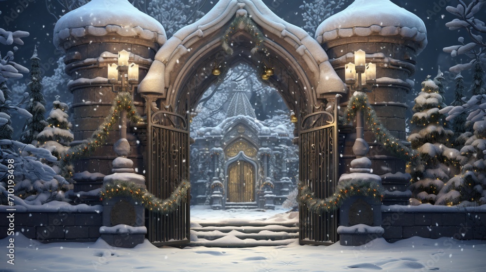 An ancient stone gate surrounded by festive Christmas trees and snow