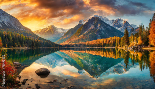 autumn sunset over Donner Lake, reflecting the stunning mountain panorama – a captivating blend of nature's beauty and seasonal transitions photo