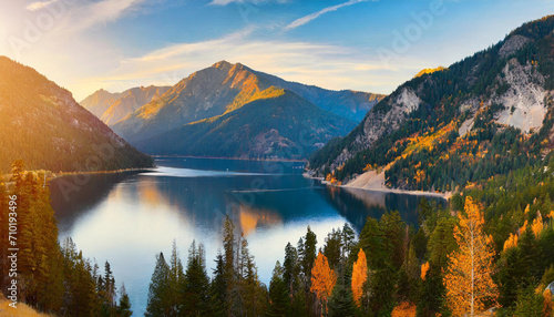 autumn sunset over Donner Lake, reflecting the stunning mountain panorama – a captivating blend of nature's beauty and seasonal transitions