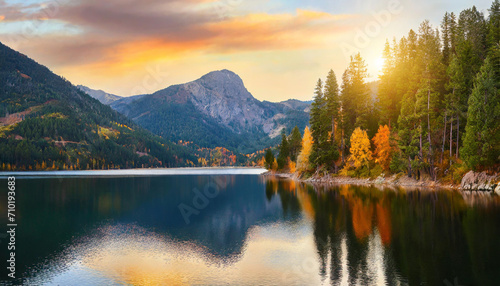 autumn sunset over Donner Lake, reflecting the stunning mountain panorama – a captivating blend of nature's beauty and seasonal transitions