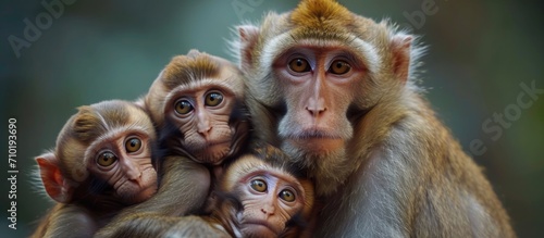 Macaque family with infants. Red-faced primates. photo