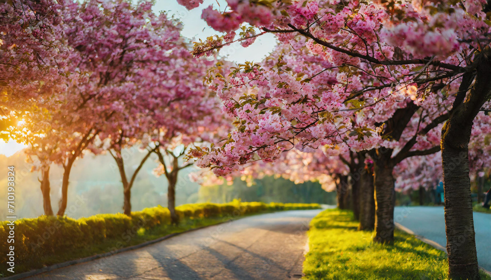Naklejka premium Sakura cherry blossoms, creating a mesmerizing alleyway.