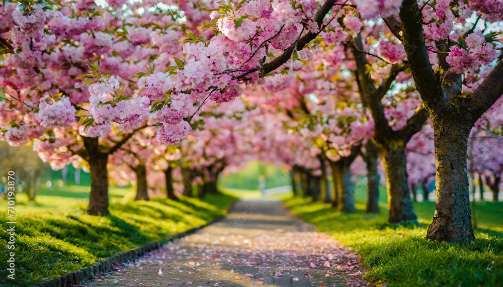 Sakura cherry blossoms, creating a mesmerizing alleyway.