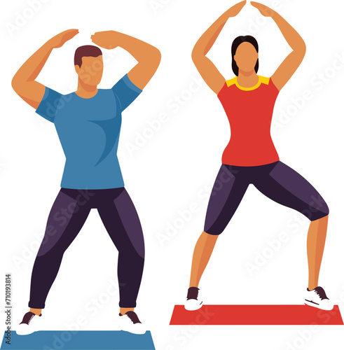 Man and woman perform squats on mats at gym. Athletic couple exercising together, fitness workout vector illustration.